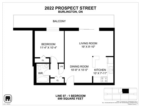 Floor plan for 1 bed, 1 bath, 673 sqft